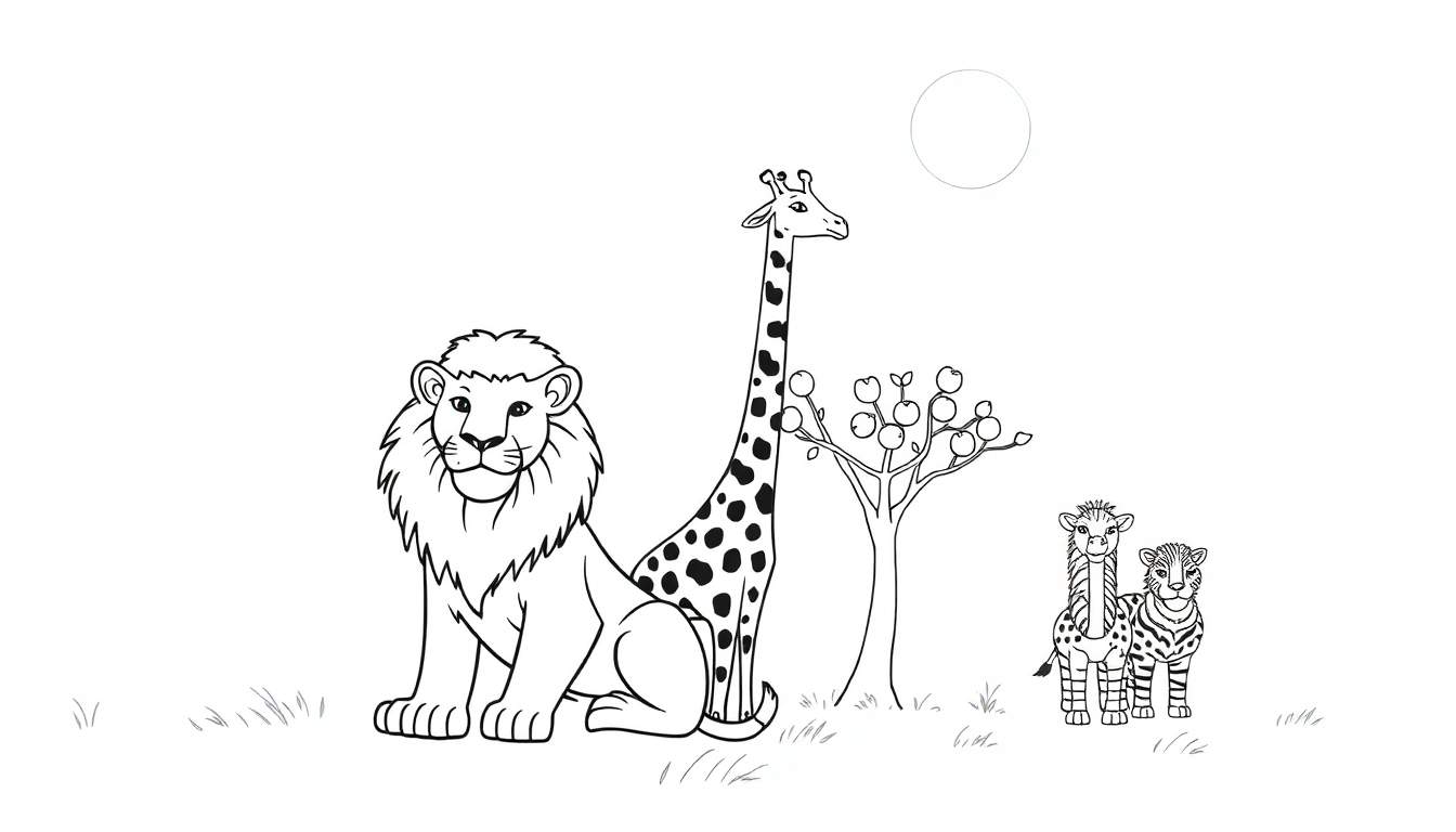Image d'un livre de coloriage avec un lion, une girafe, un zèbre et un guépard dans la savane.