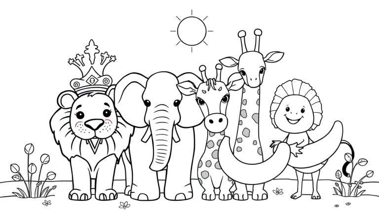 Dessin au trait d'animaux de safari joyeux avec un lion couronné, un éléphant, des girafes et un petit lion mangeant une banane, sous un soleil rayonnant avec des plantes et des fleurs.