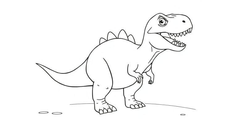 Dessin au trait noir et blanc d'un T-Rex rugissant, idéal pour un color panel.