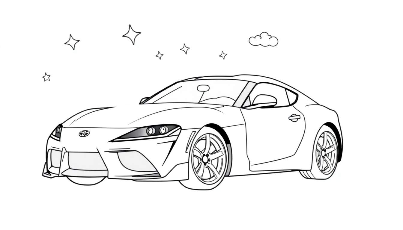 Une voiture de sport de style coloriage, une Toyota Supra, avec des étoiles et un nuage. Ceci est un color panel.