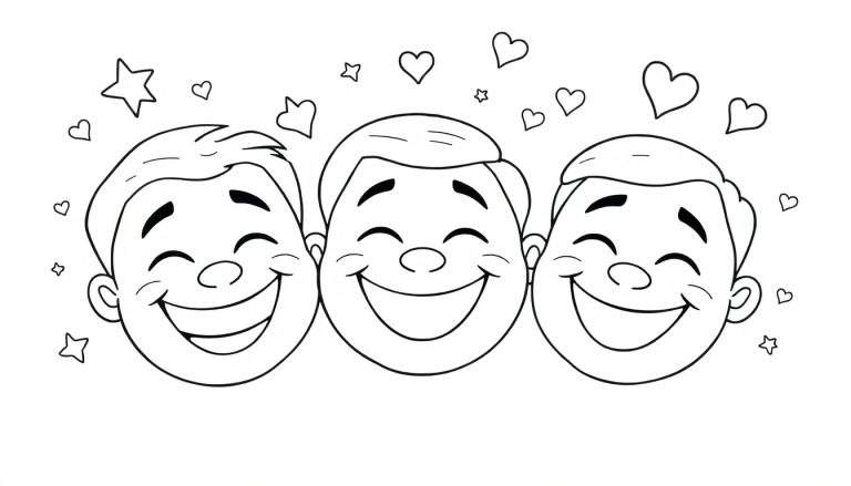 Un color panel de trois visages joyeux avec des étoiles et des cœurs.