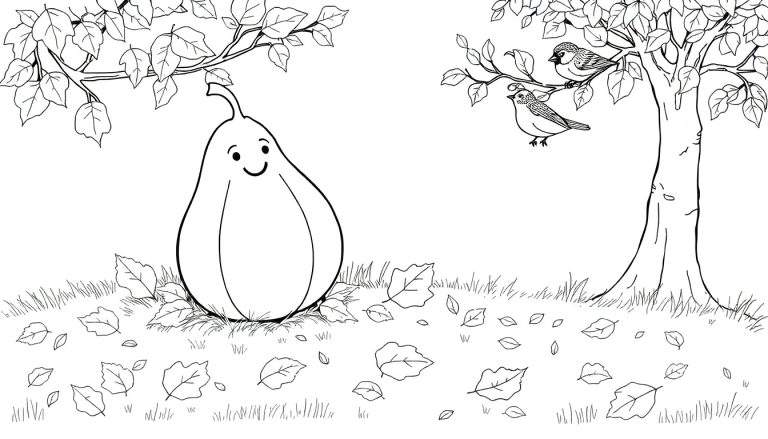 Dessin au trait en noir et blanc d'une citrouille joyeuse, d'un arbre avec des oiseaux et de feuilles tombées, prêt pour le color panel.