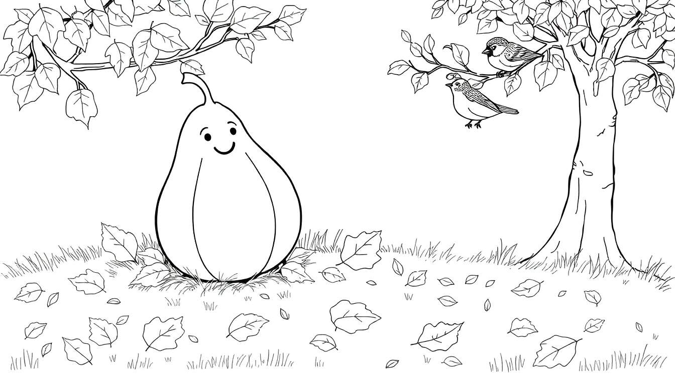 Dessin au trait en noir et blanc d'une citrouille joyeuse, d'un arbre avec des oiseaux et de feuilles tombées, prêt pour le color panel.
