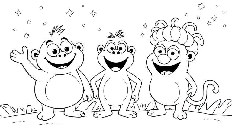 Trois monstres de dessin animé amicaux dans un color panel avec des étoiles flottantes.