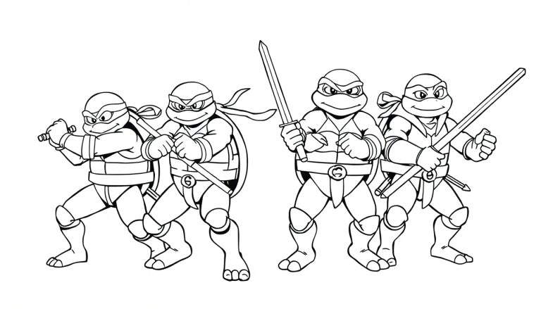 Quatre Tortues Ninja en noir et blanc, prêtes au combat, dans un color panel.