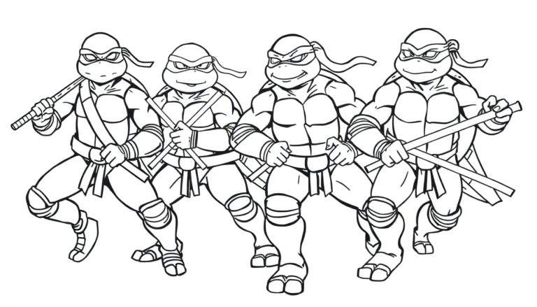 Les quatre Tortues Ninja en noir et blanc, prêtes au combat, disponibles sur un color panel.