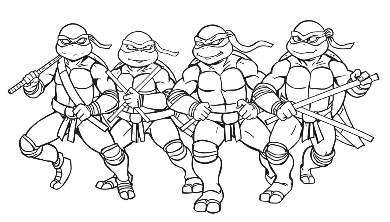 Les quatre Tortues Ninja en noir et blanc, prêtes au combat, disponibles sur un color panel.