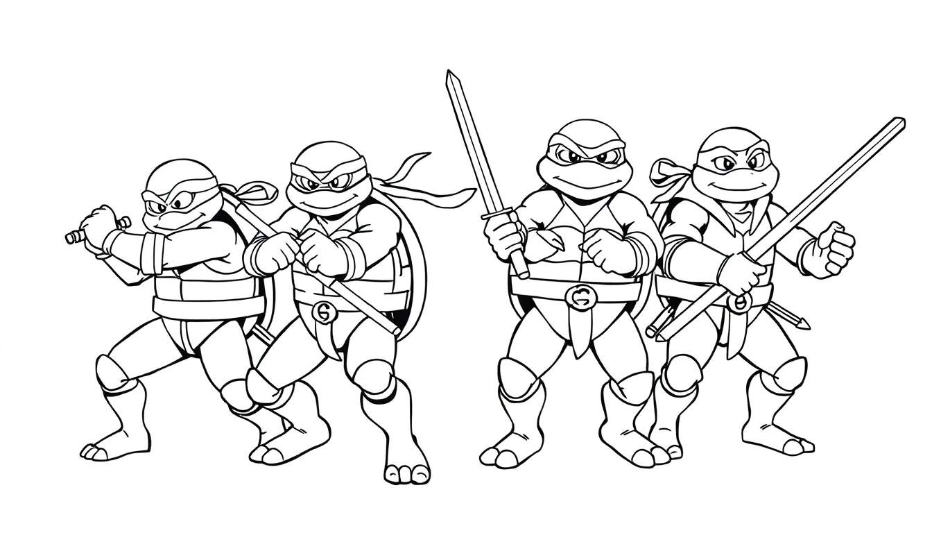Quatre Tortues Ninja en noir et blanc, prêtes au combat, dans un color panel.