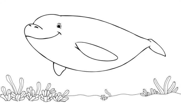 Dessin au trait d'un béluga souriant nageant dans des plantes aquatiques, parfait pour un color panel.