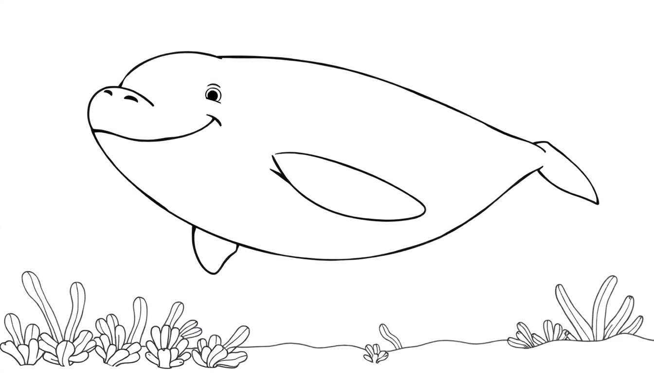 Dessin au trait d'un béluga souriant nageant dans des plantes aquatiques, parfait pour un color panel.