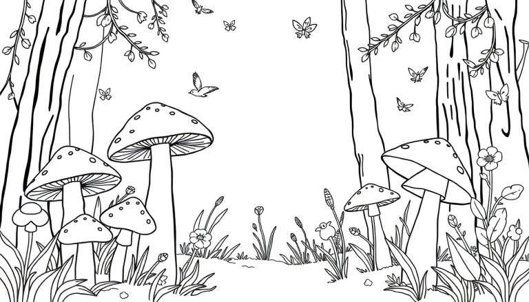 Illustration en noir et blanc d'une forêt avec des champignons, des papillons et un oiseau. Un color panel.