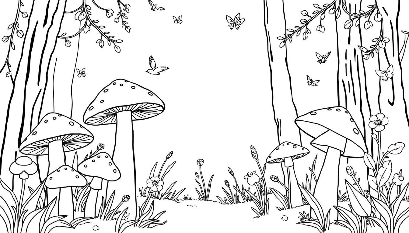 Illustration en noir et blanc d'une forêt avec des champignons, des papillons et un oiseau. Un color panel.