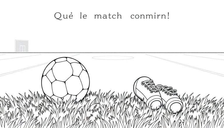 Dessin au trait d'un terrain de football avec un ballon et des chaussures de sport au premier plan, et un but à l'arrière-plan. Une phrase en langue étrangère est située au-dessus.