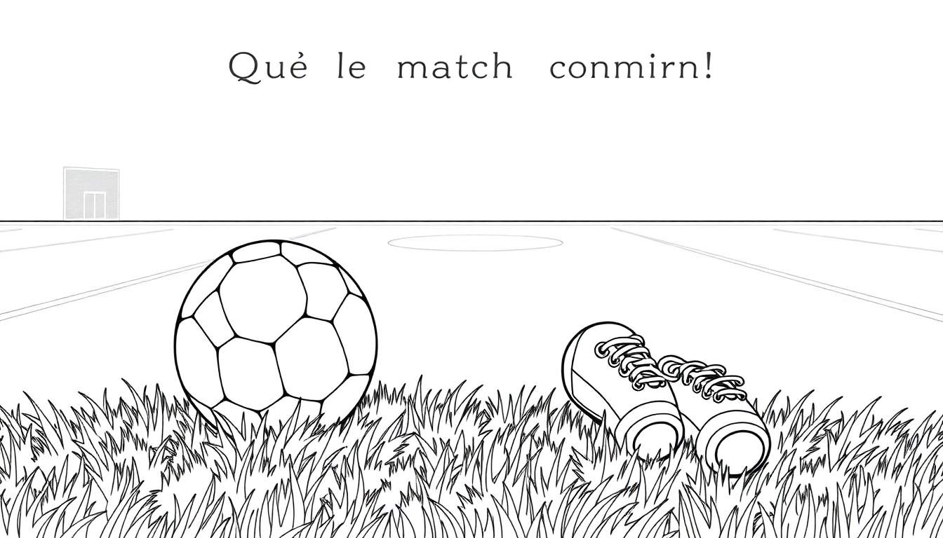 Dessin au trait d'un terrain de football avec un ballon et des chaussures de sport au premier plan, et un but à l'arrière-plan. Une phrase en langue étrangère est située au-dessus.