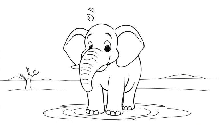 Un dessin au trait noir et blanc d'un éléphant souriant jouant dans l'eau, avec un paysage au loin.