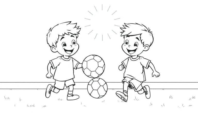 Dessin au trait noir et blanc de deux jeunes garçons jouant au football, avec une page de coloriage. Un color panel joyeux pour s'amuser !