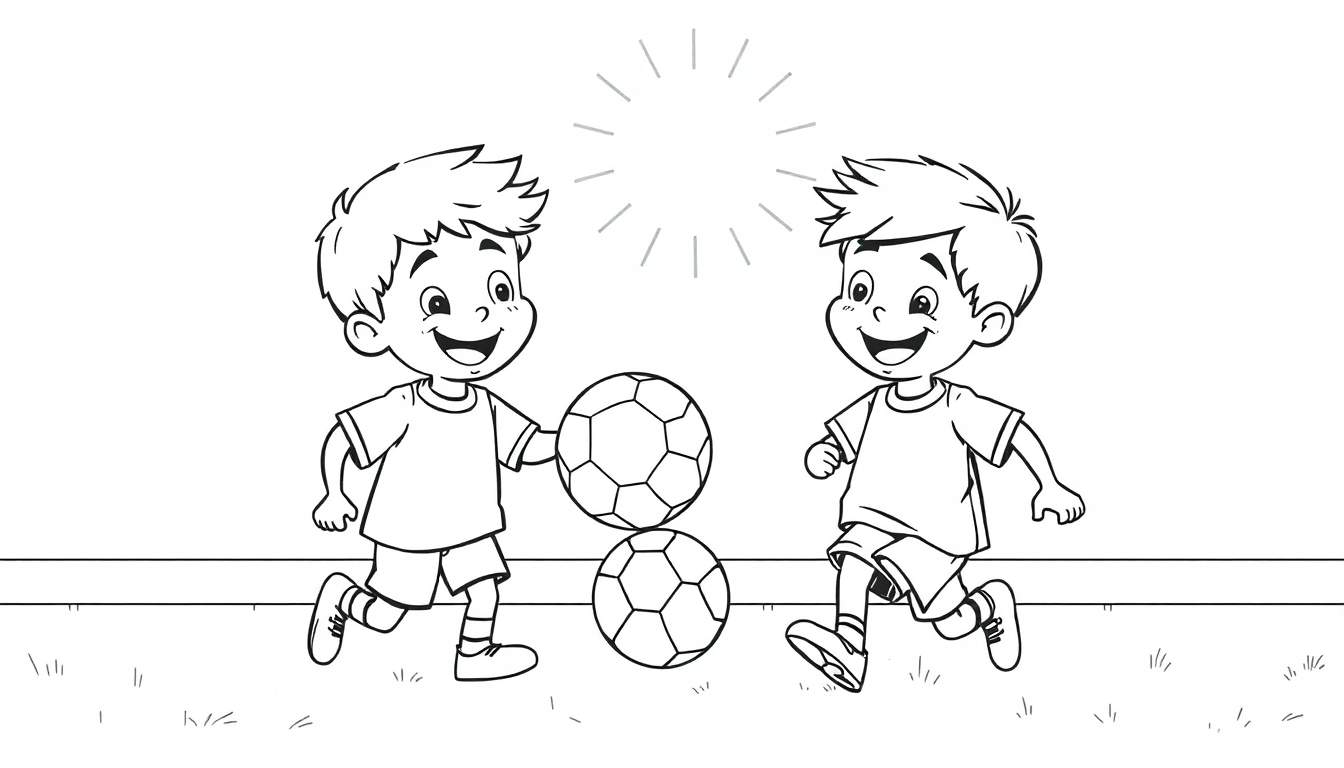 Dessin au trait noir et blanc de deux jeunes garçons jouant au football, avec une page de coloriage. Un color panel joyeux pour s'amuser !