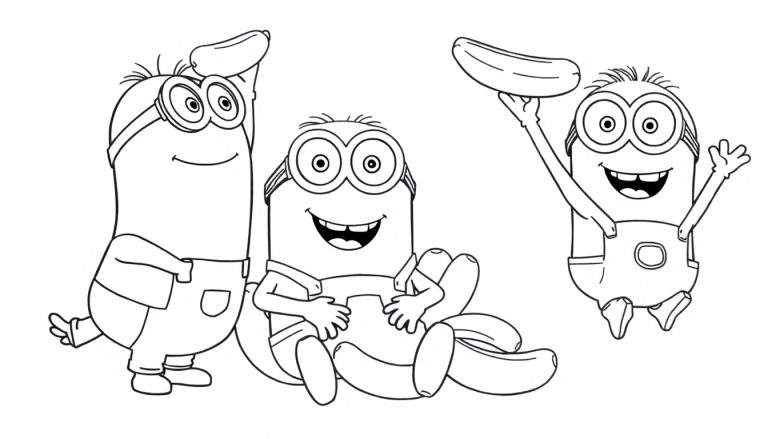Trois Minions en noir et blanc avec des bananes, un color panel.
