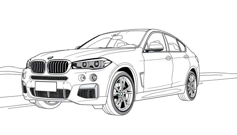 Dessin au trait d'une BMW X6, un SUV coupé de luxe, prête à être colorisée. Le dessin présente la calandre distinctive, les phares angulaires, la ligne de toit inclinée et les détails des jantes.