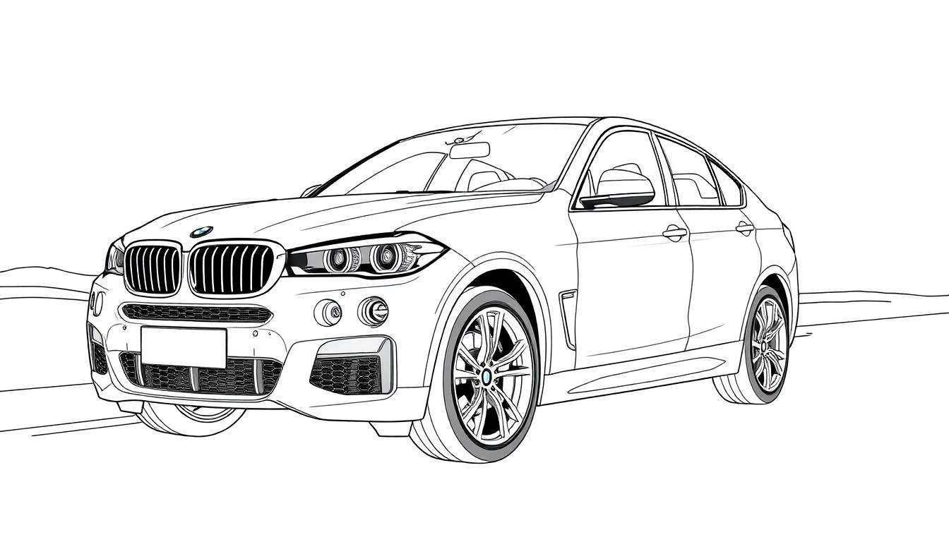 Dessin au trait d'une BMW X6, un SUV coupé de luxe, prête à être colorisée. Le dessin présente la calandre distinctive, les phares angulaires, la ligne de toit inclinée et les détails des jantes.