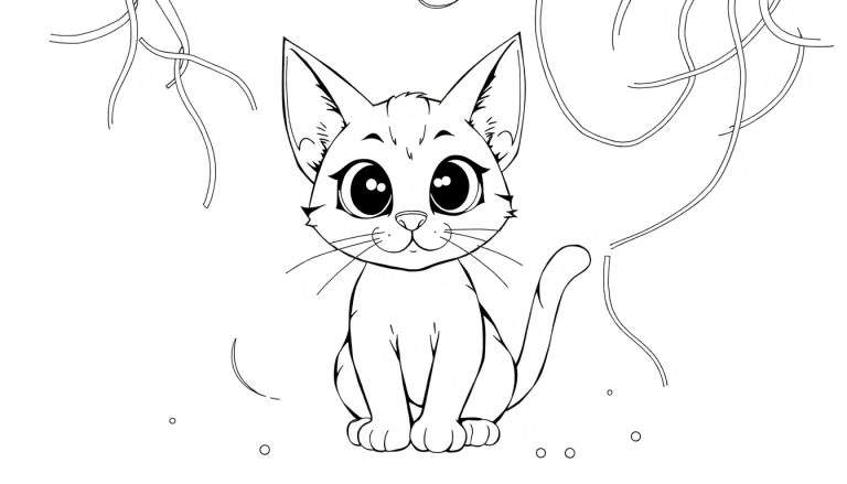 Un chaton dessiné assis avec de grandes oreilles et de grands yeux, entouré de décorations ondulées.