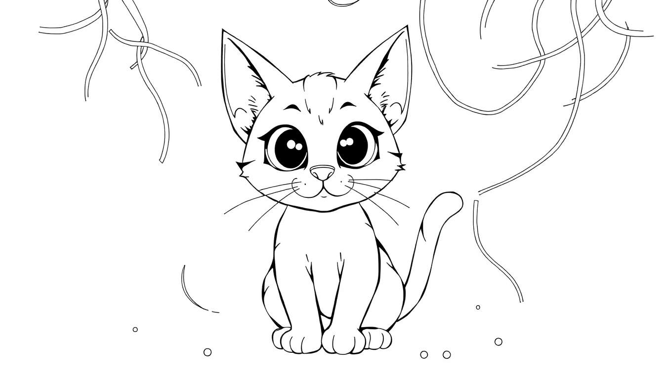 Un chaton dessiné assis avec de grandes oreilles et de grands yeux, entouré de décorations ondulées.