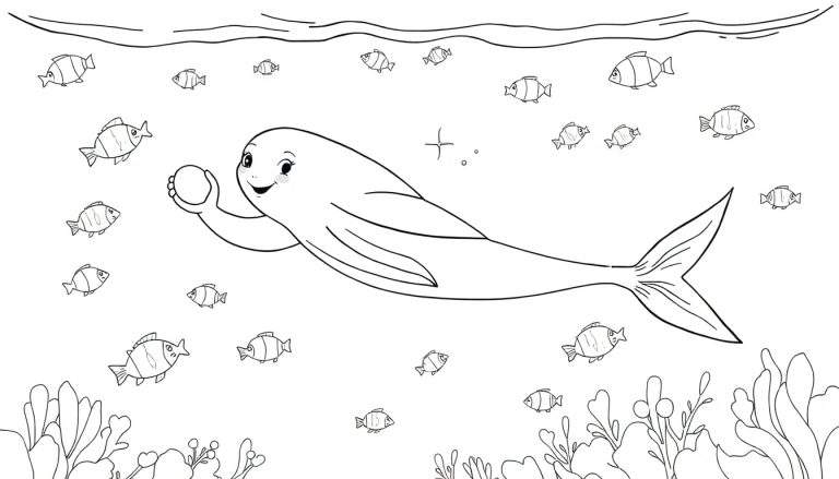 Un dauphin souriant tient une perle dans une scène de coloriage sous-marine, entouré de petits poissons, de coraux et d'algues, avec la surface de l'eau au-dessus.