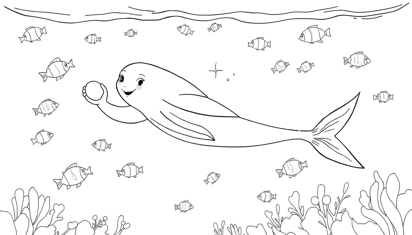 Un dauphin souriant tient une perle dans une scène de coloriage sous-marine, entouré de petits poissons, de coraux et d'algues, avec la surface de l'eau au-dessus.