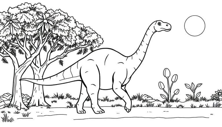 Un dessin au trait d'un diplodocus dans un paysage préhistorique coloré.