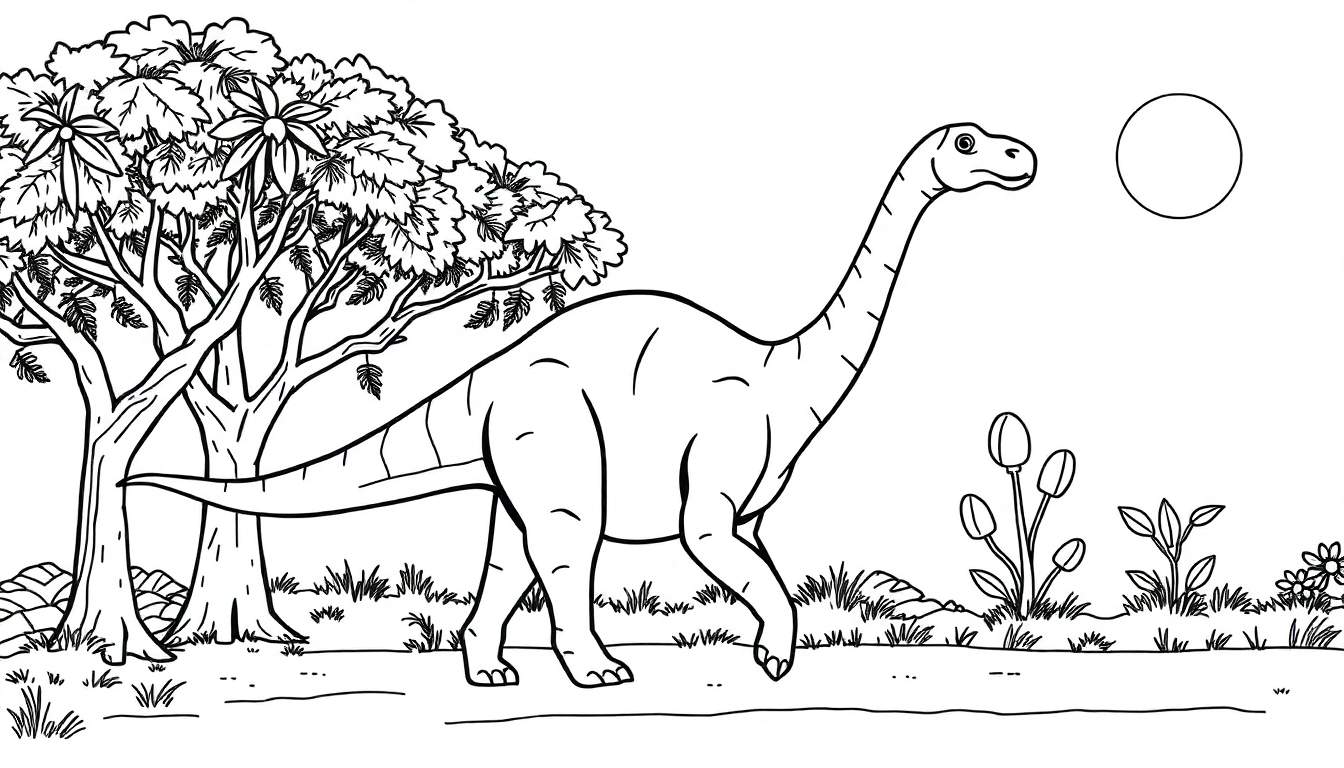 Un dessin au trait d'un diplodocus dans un paysage préhistorique coloré.