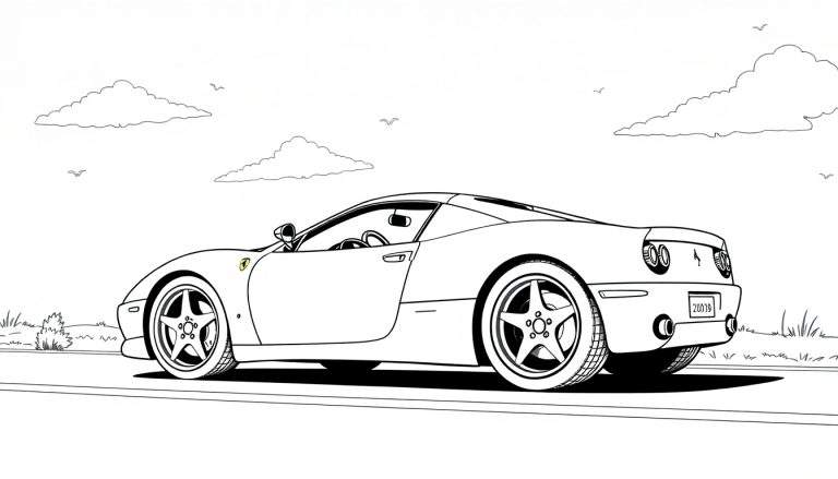 Une voiture de sport Ferrari dessinée en noir et blanc, garée sur le côté d'une route de campagne avec des nuages et des oiseaux dans le ciel.