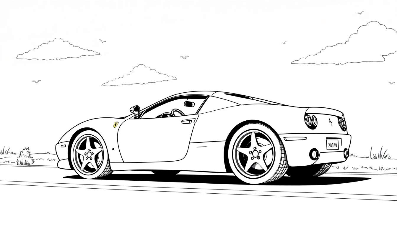 Une voiture de sport Ferrari dessinée en noir et blanc, garée sur le côté d'une route de campagne avec des nuages et des oiseaux dans le ciel.