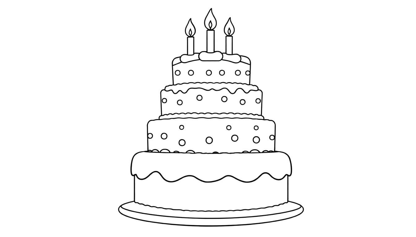 Dessin au trait d'un gâteau d'anniversaire à quatre étages avec des bougies allumées, prêt à être colorié dans le color panel.