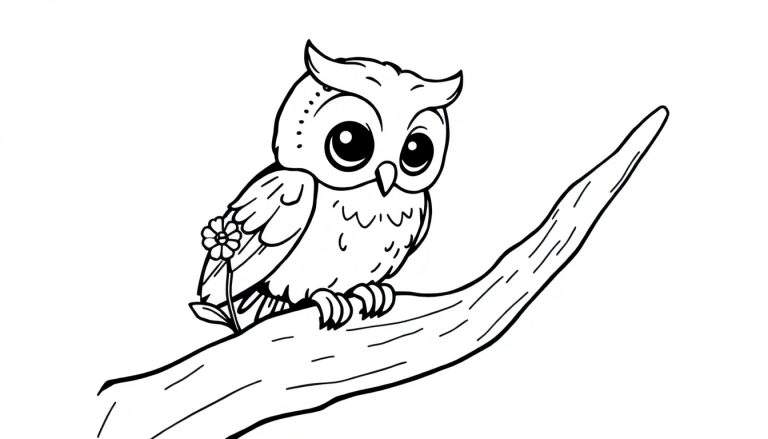 Une jolie coloriage de hibou tenant une fleur sur une branche.