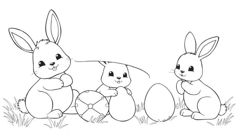 Trois lapins de Pâques dessinés au trait, prêts à être coloriés, avec des œufs décorés.