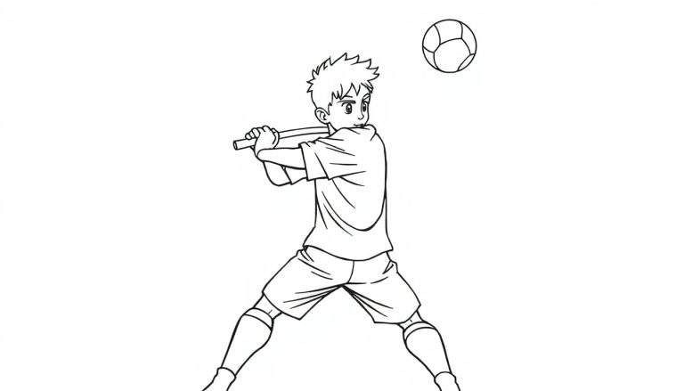 Un joueur de crosse se prépare à frapper une balle flottante dans ce coloriage.