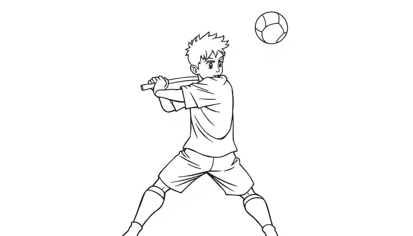 Un joueur de crosse se prépare à frapper une balle flottante dans ce coloriage.