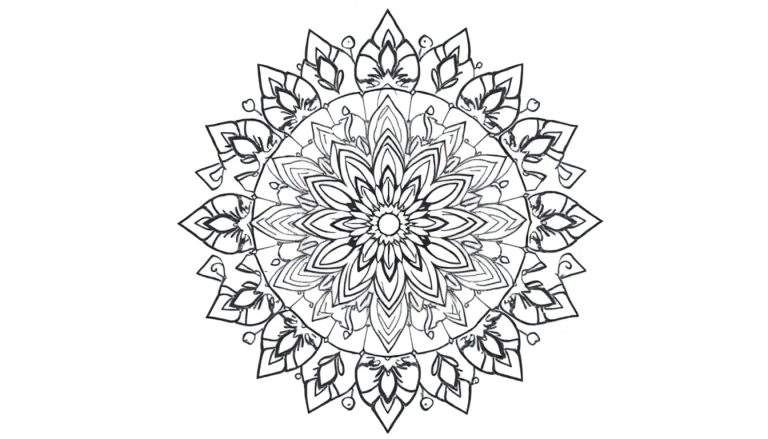 Mandala complexe en noir et blanc avec des motifs floraux et géométriques, prêt à être colorié.