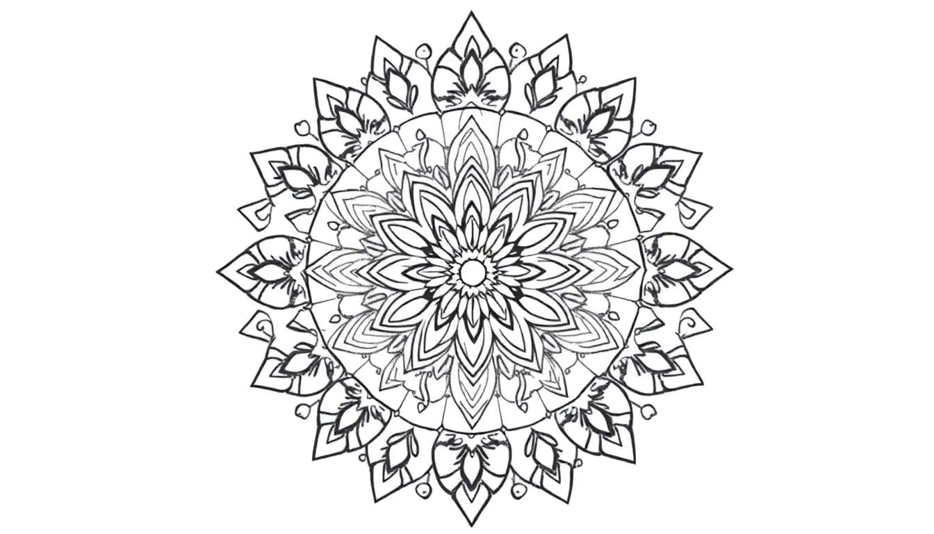 Mandala complexe en noir et blanc avec des motifs floraux et géométriques, prêt à être colorié.
