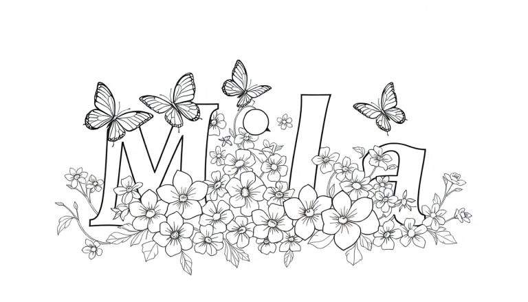 Un dessin en noir et blanc du prénom 'Mila' décoré de fleurs et de papillons, une coloriage.