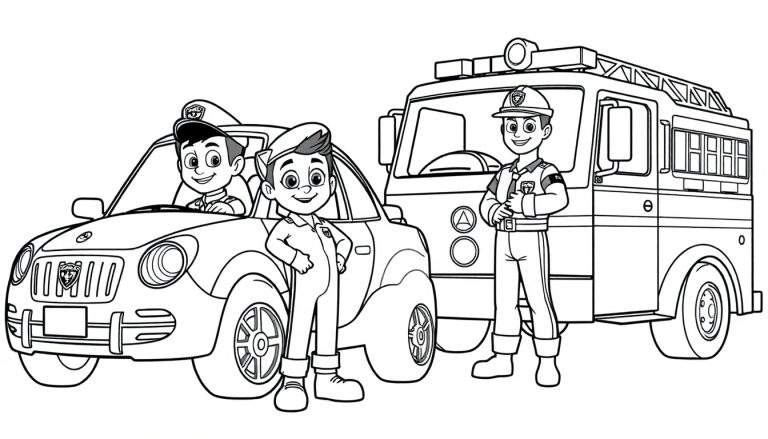 Color panel showing Chase and Marshall from Paw Patrol with police car and fire truck.