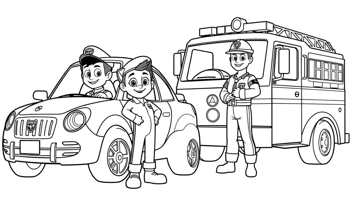 Color panel showing Chase and Marshall from Paw Patrol with police car and fire truck.