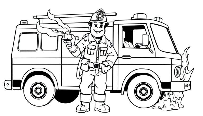 Un pompier souriant avec une lance à incendie devant un camion de pompiers, prêt pour un coloriage.