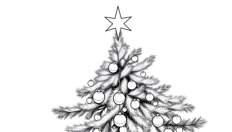 Dessin au trait d'un sapin de Noël décoré, avec une étoile au sommet et des boules sur les branches. Parfait pour un color panel.