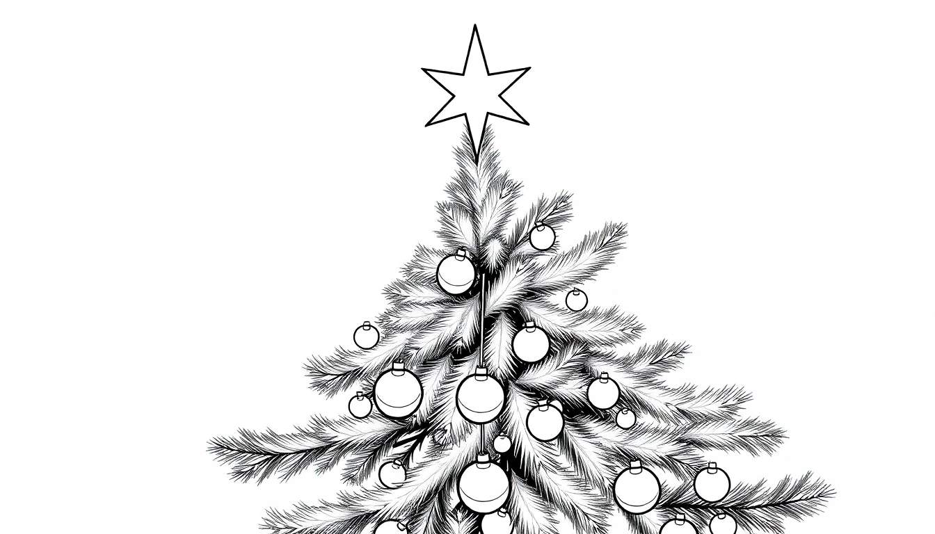 Dessin au trait d'un sapin de Noël décoré, avec une étoile au sommet et des boules sur les branches. Parfait pour un color panel.