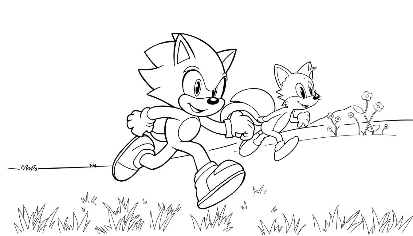 Sonic et Tails courent dans un champ herbeux, dessin au trait noir et blanc.