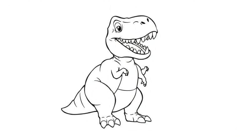 Dessin de T-Rex cartoon amical avec une grande bouche ouverte.