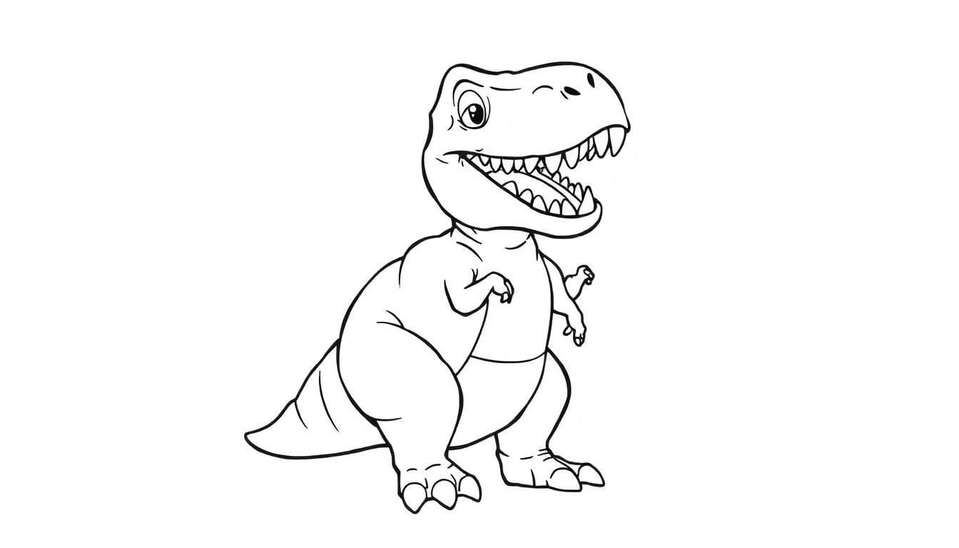 Dessin de T-Rex cartoon amical avec une grande bouche ouverte.