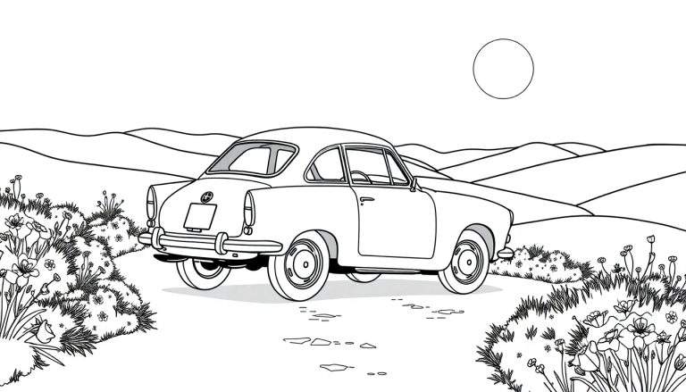 Dessin au trait d'une voiture de sport classique rouge sur un chemin de campagne, pour un color panel.