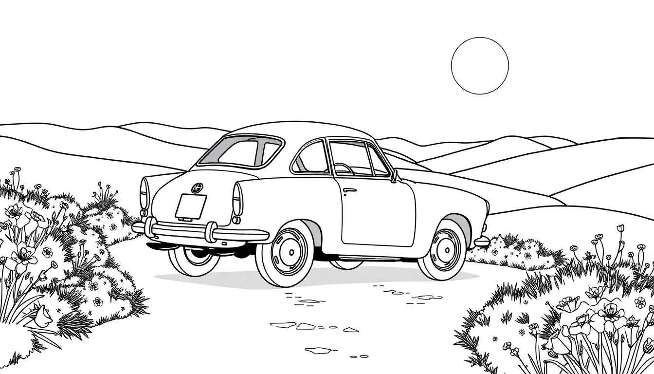 Dessin au trait d'une voiture de sport classique rouge sur un chemin de campagne, pour un color panel.
